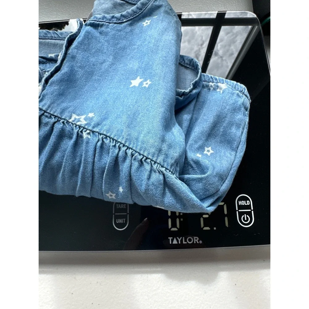 OshKosh B'gosh Star Print Chambray Dress Toddler 18M Blue Bow Detail Long Sleeve